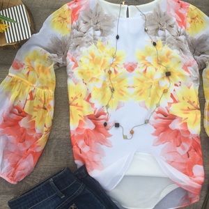 CALVIN KLEIN SHEER LAYERED FLORAL BLOUSE